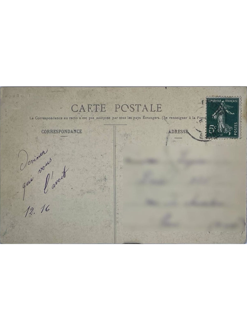 Verso de la carte postale