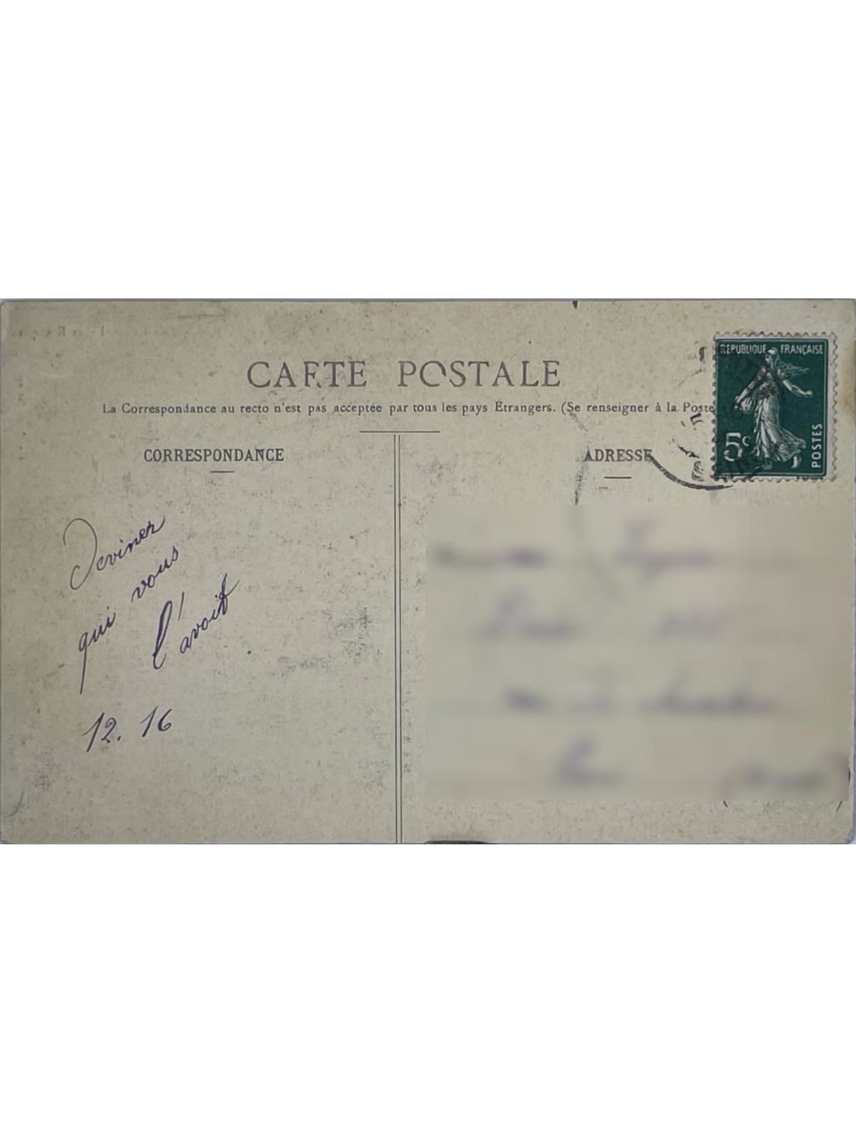Verso de la carte postale