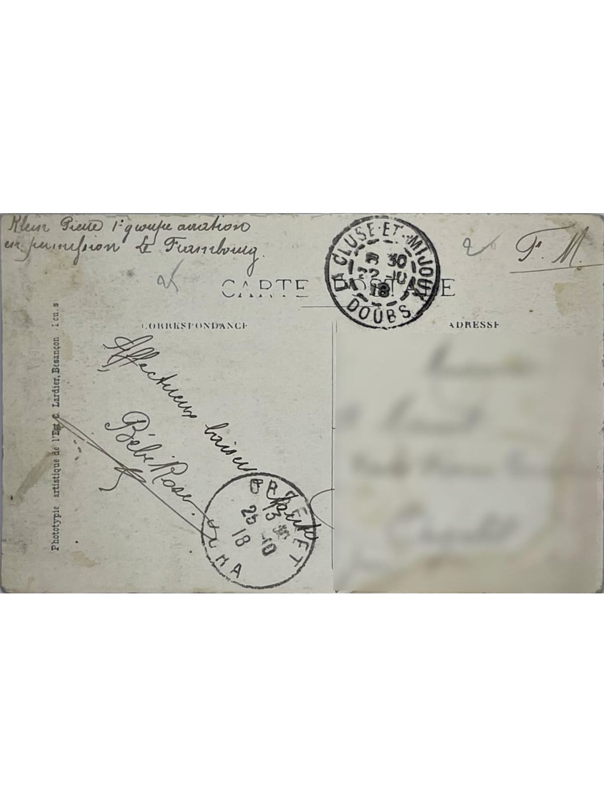 Verso de la carte postale