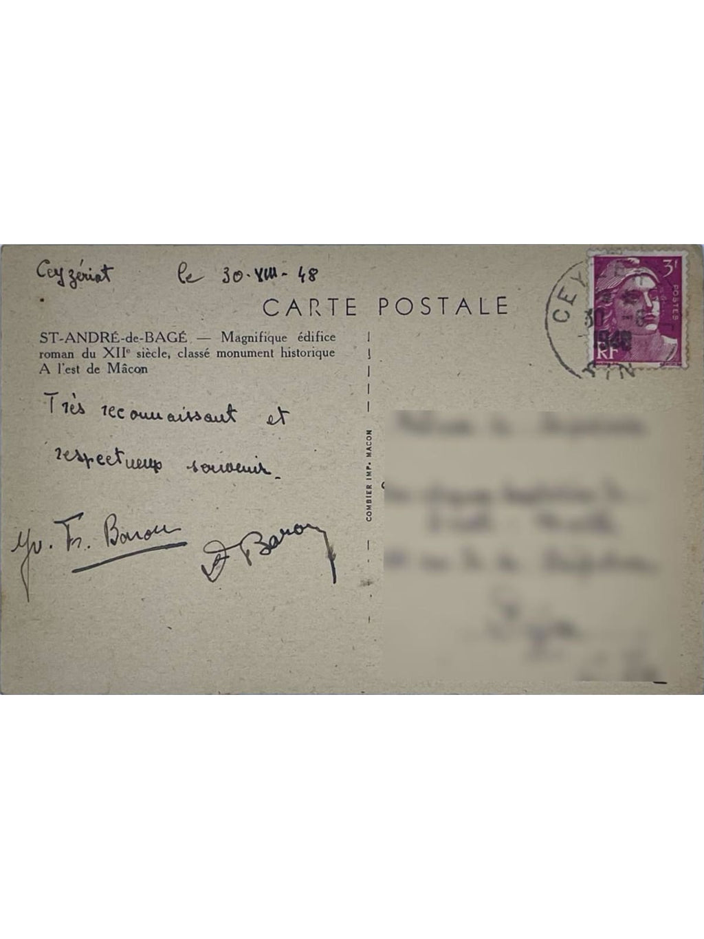 Verso de la carte postale