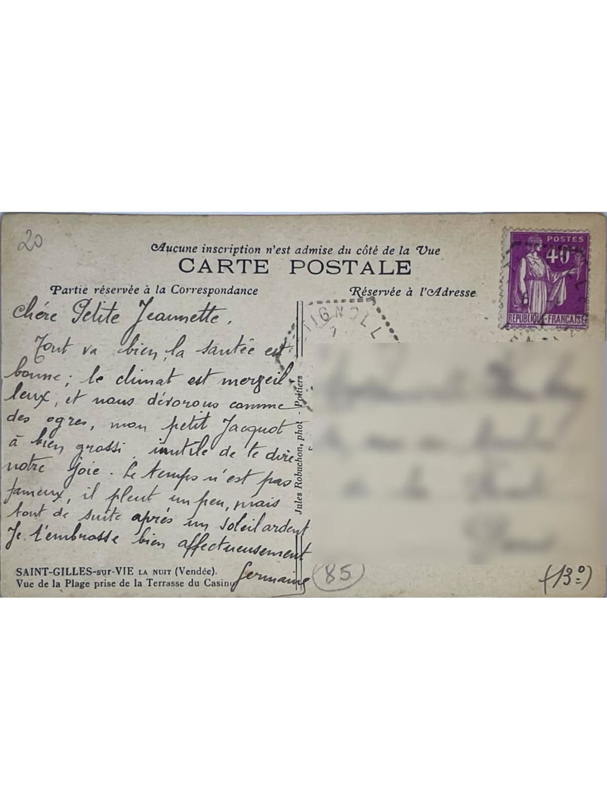 Verso de la carte postale
