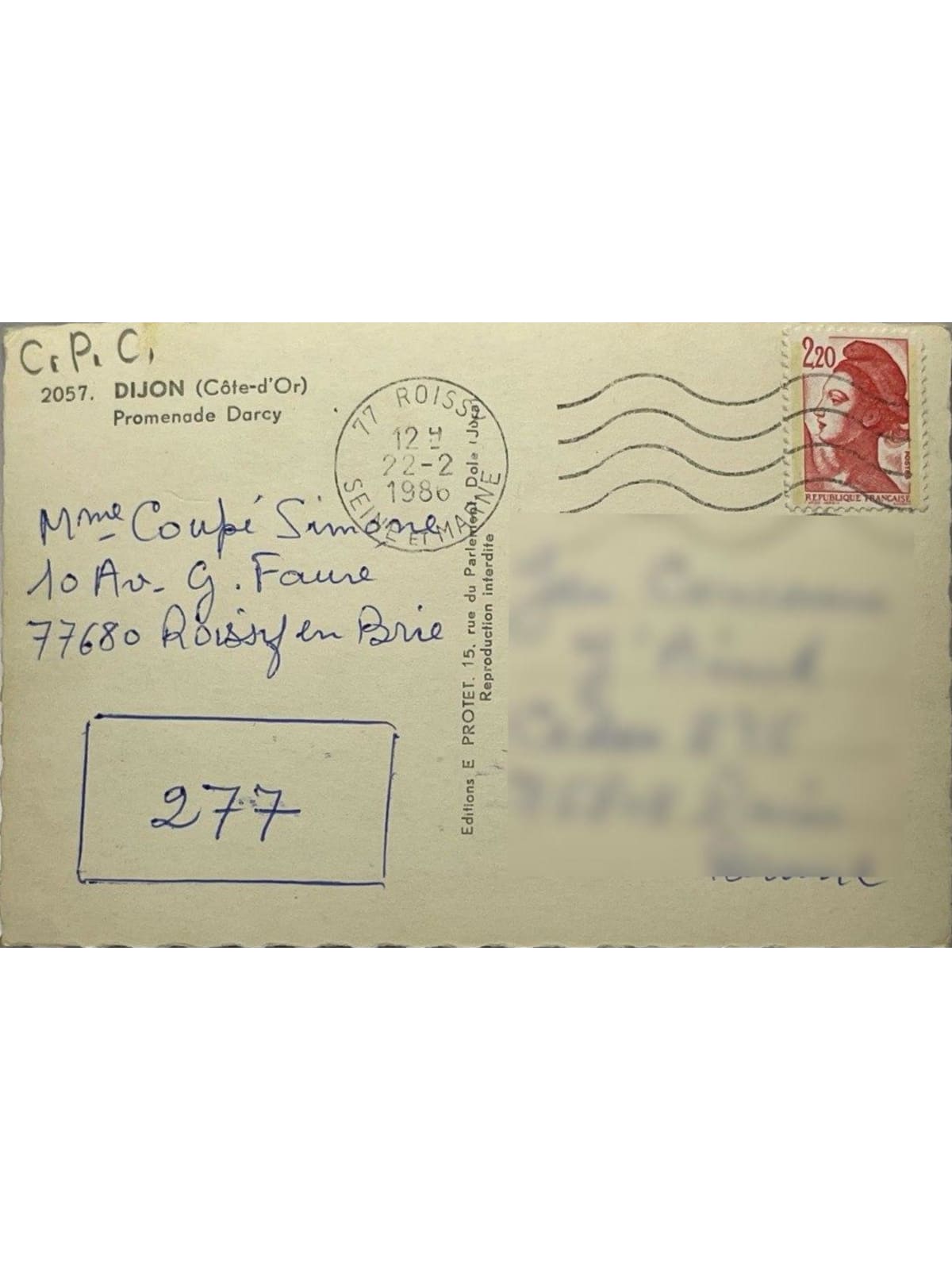 Verso de la carte postale