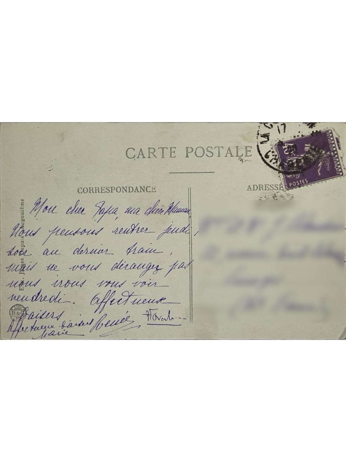 Verso de la carte postale