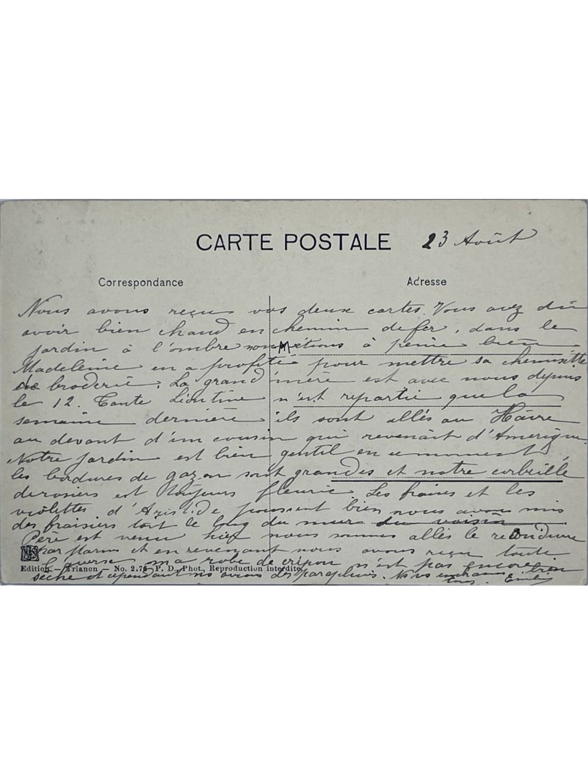 Verso de la carte postale