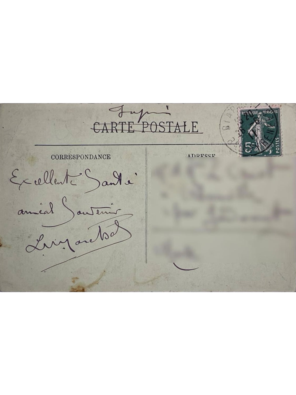 Verso de la carte postale