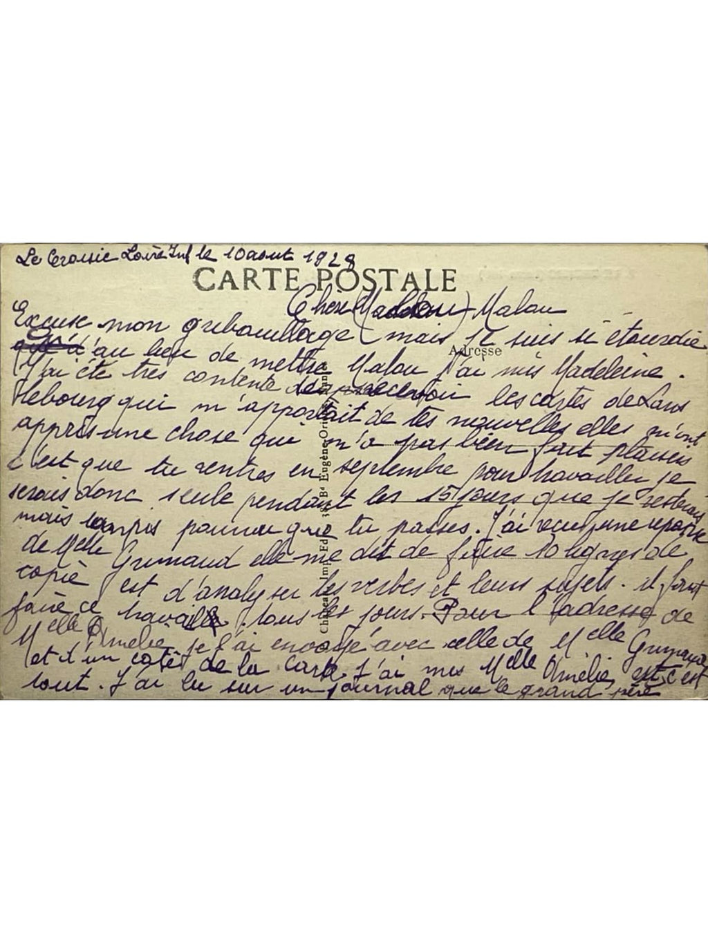 Verso de la carte postale