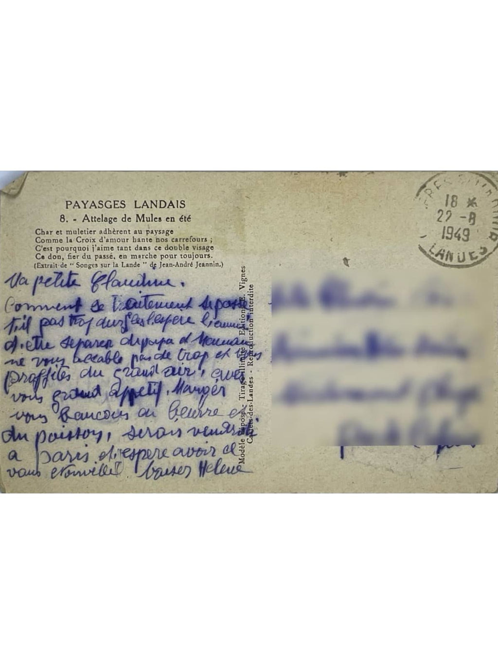 Verso de la carte postale