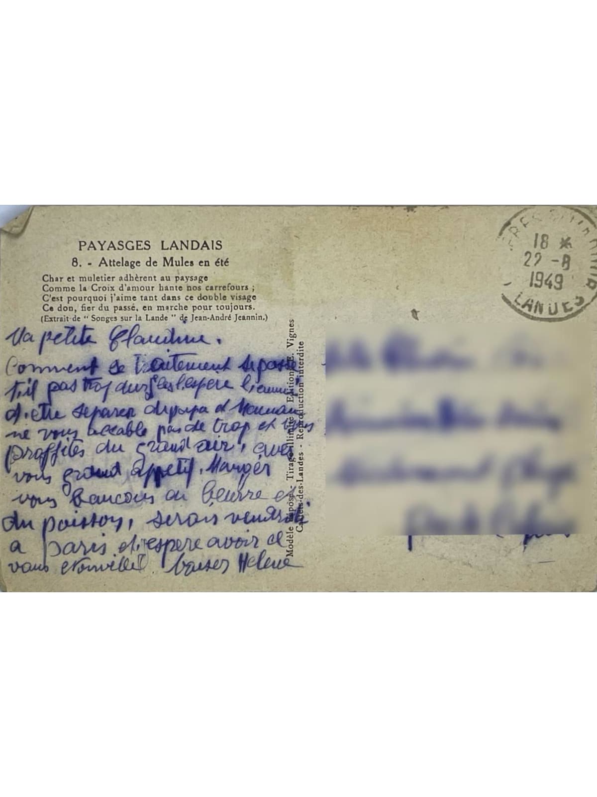 Verso de la carte postale