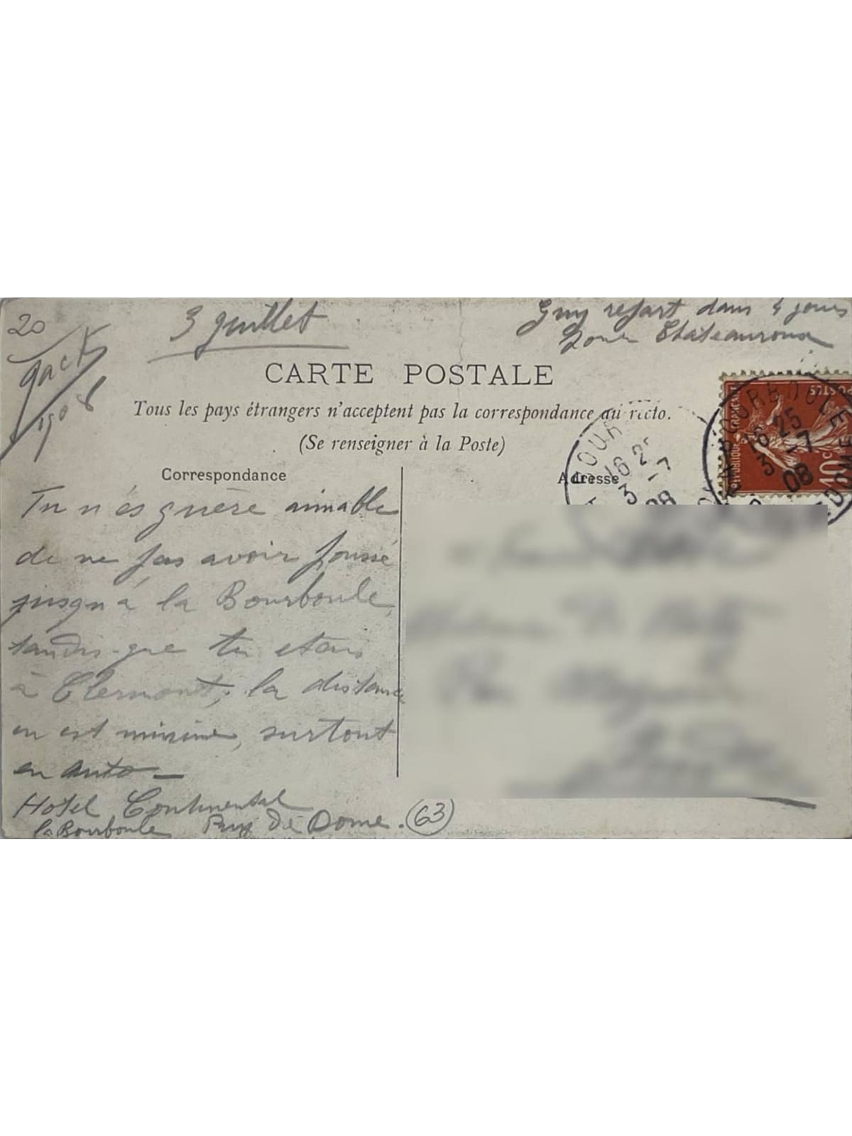 Verso de la carte postale