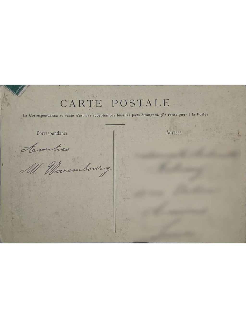 Verso de la carte postale