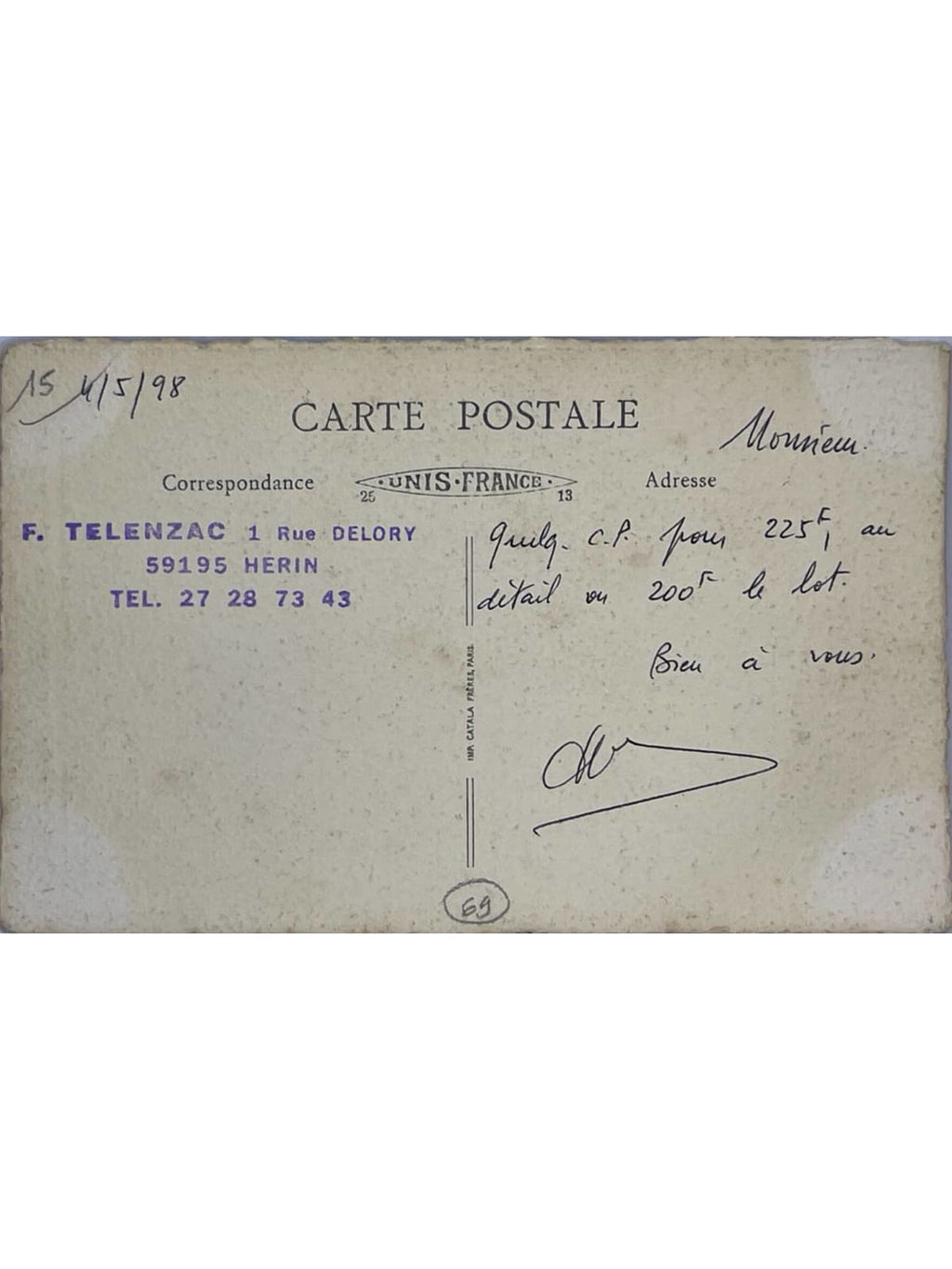 Verso de la carte postale