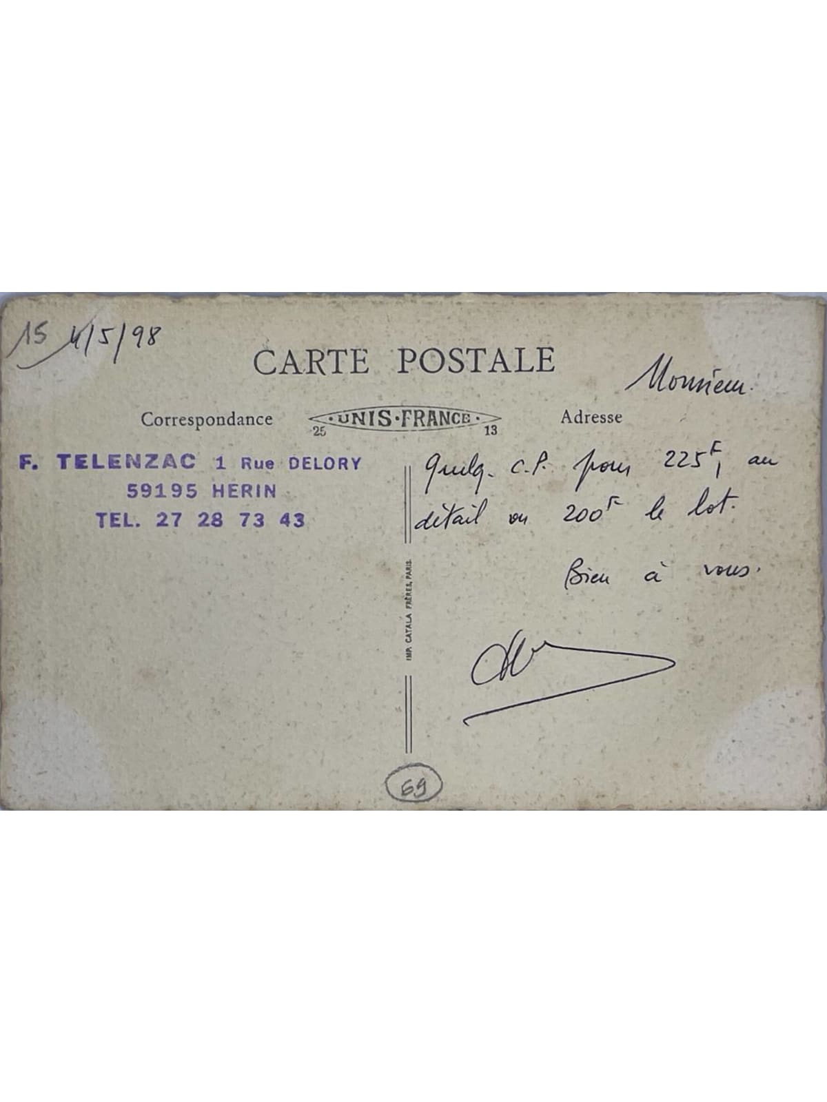 Verso de la carte postale