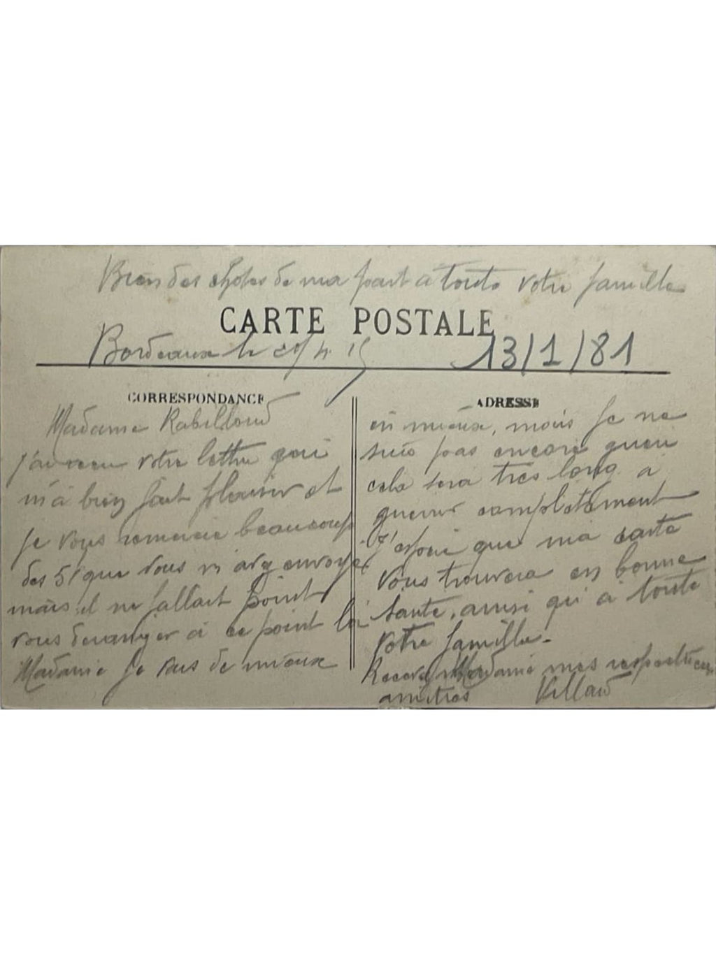 Verso de la carte postale
