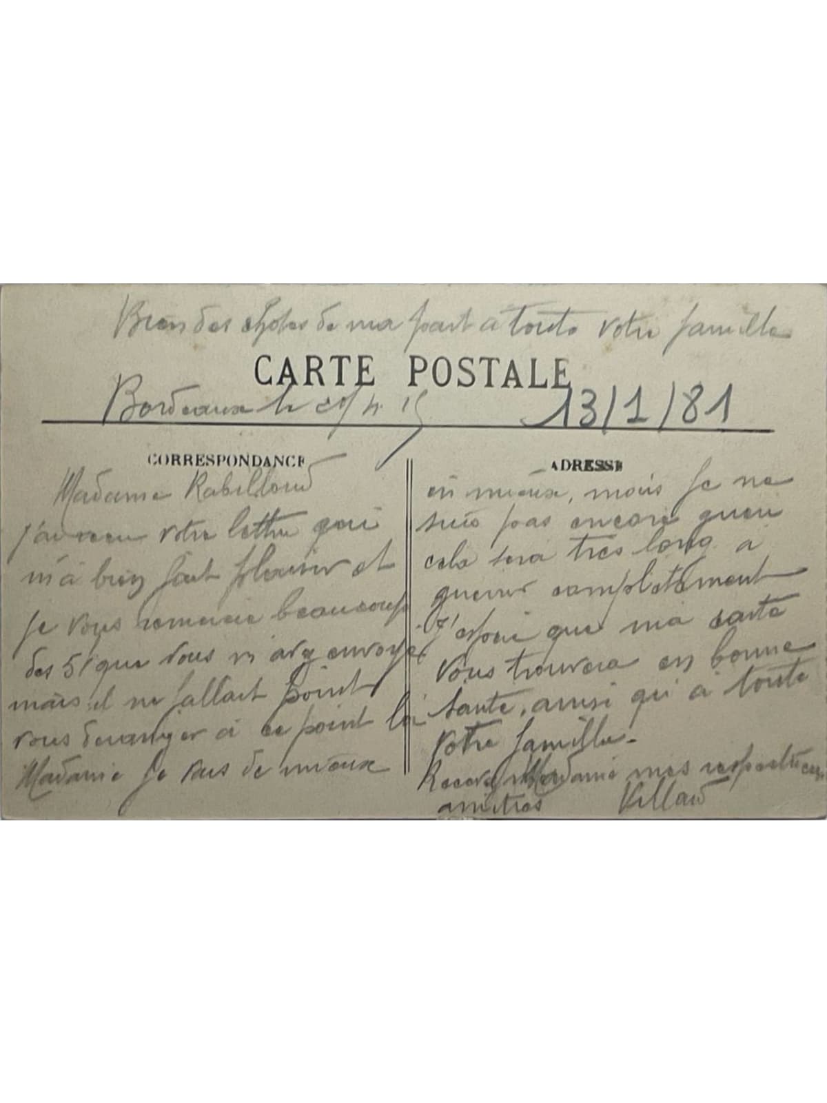 Verso de la carte postale