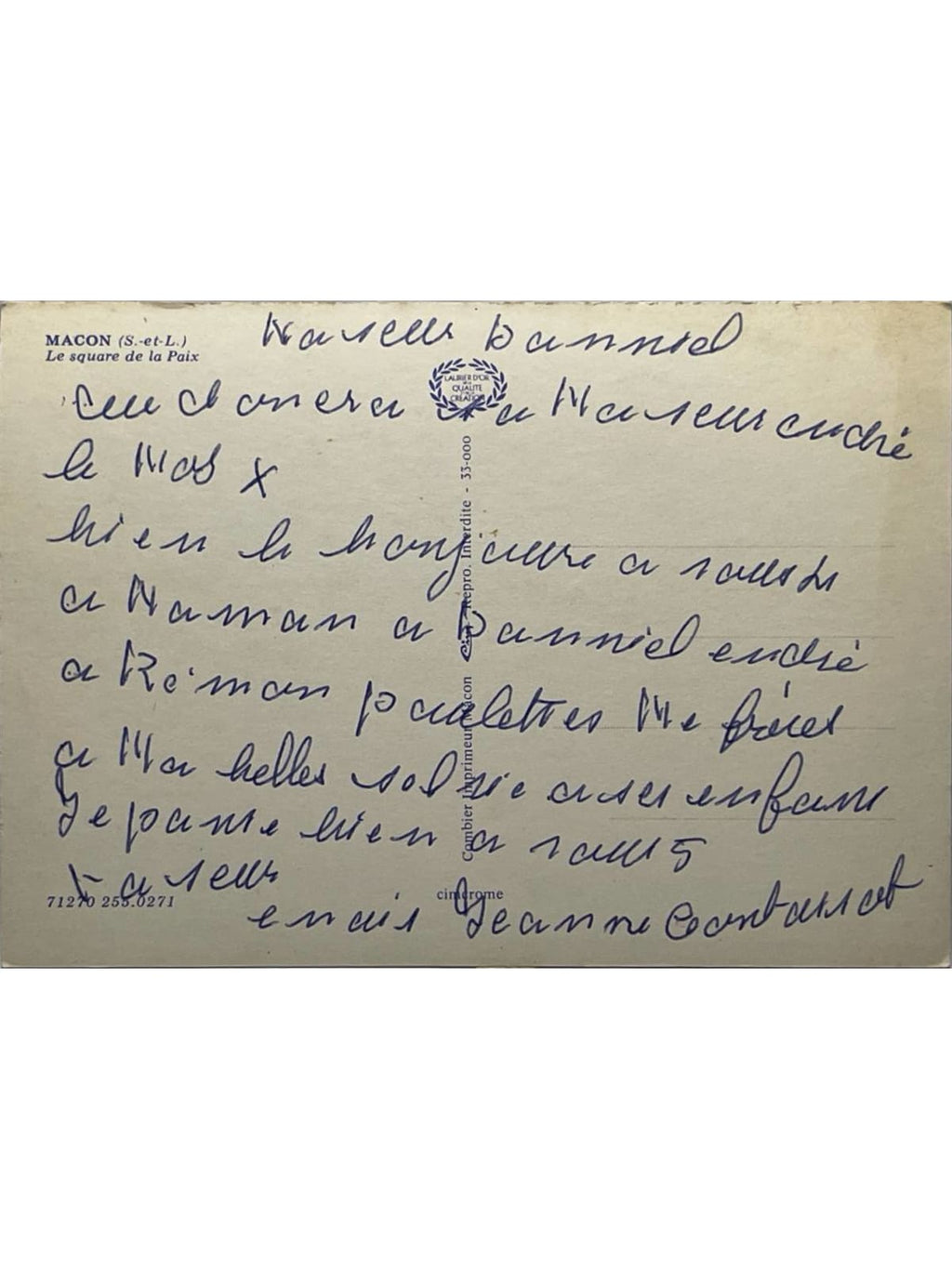 Verso de la carte postale